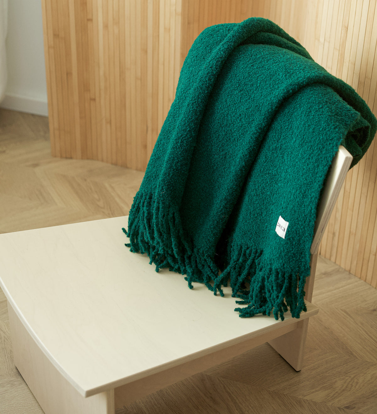 HELIOS Merino boucle blanket with fringe - sage green