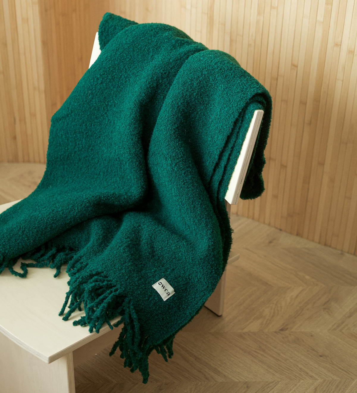 HELIOS Merino boucle blanket with fringe - sage green