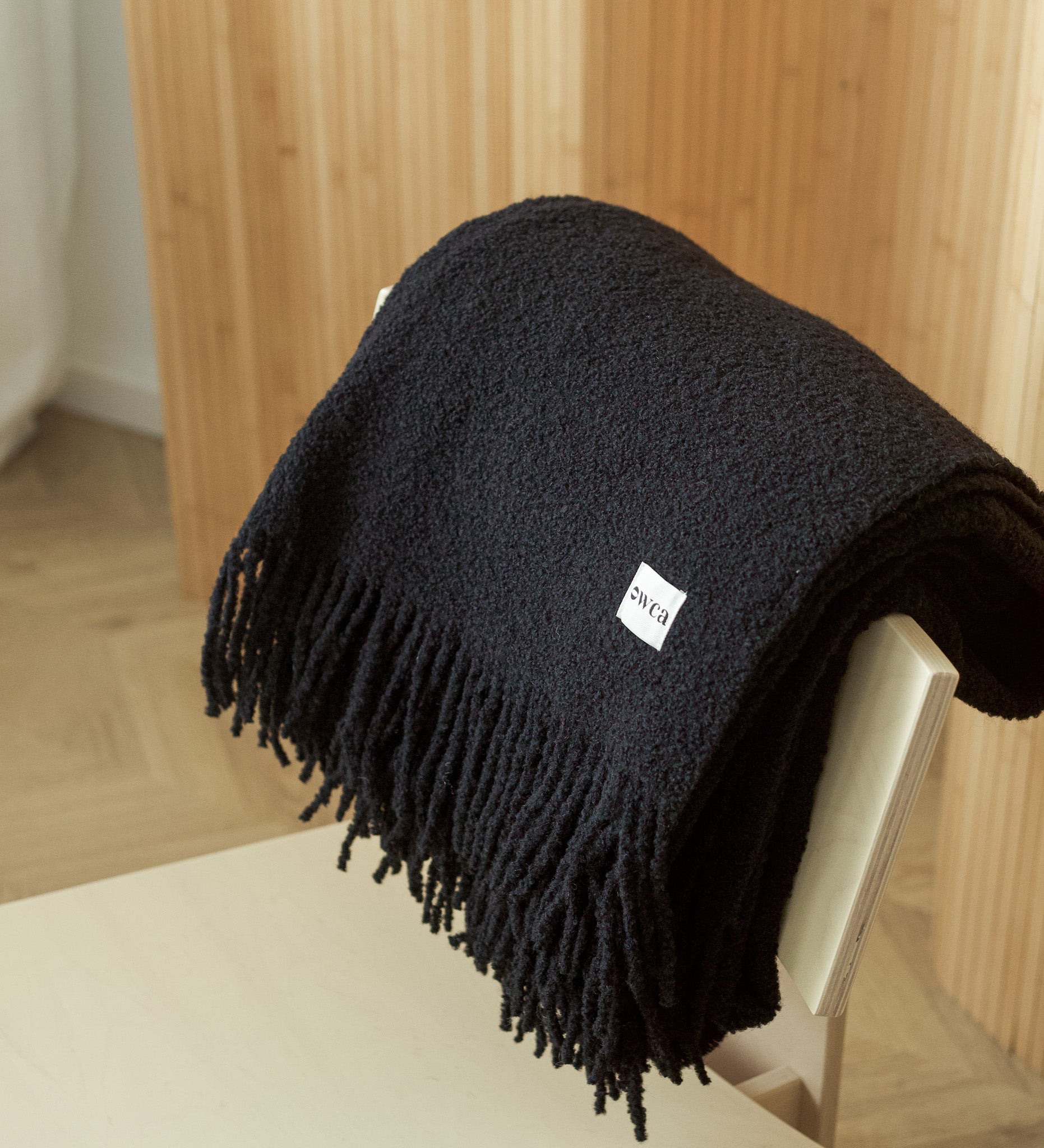 HELIOS Merino boucle blanket with fringe - sage green