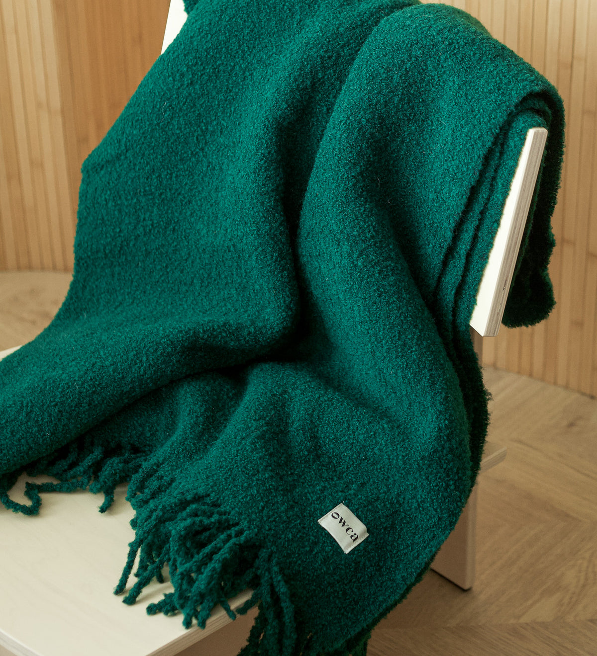 HELIOS Merino boucle blanket with fringe - sage green
