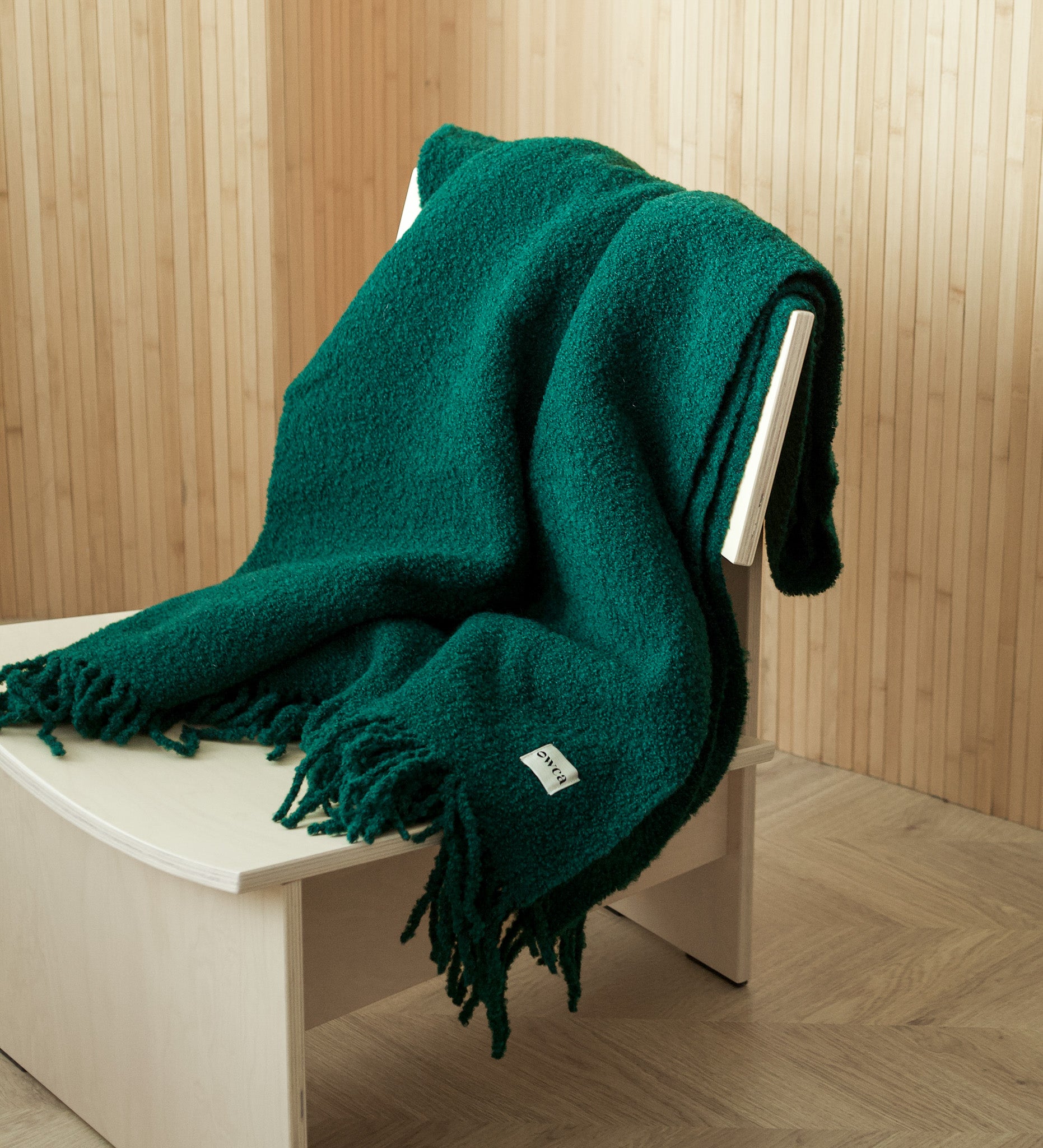 HELIOS Merino boucle blanket with fringe - sage green